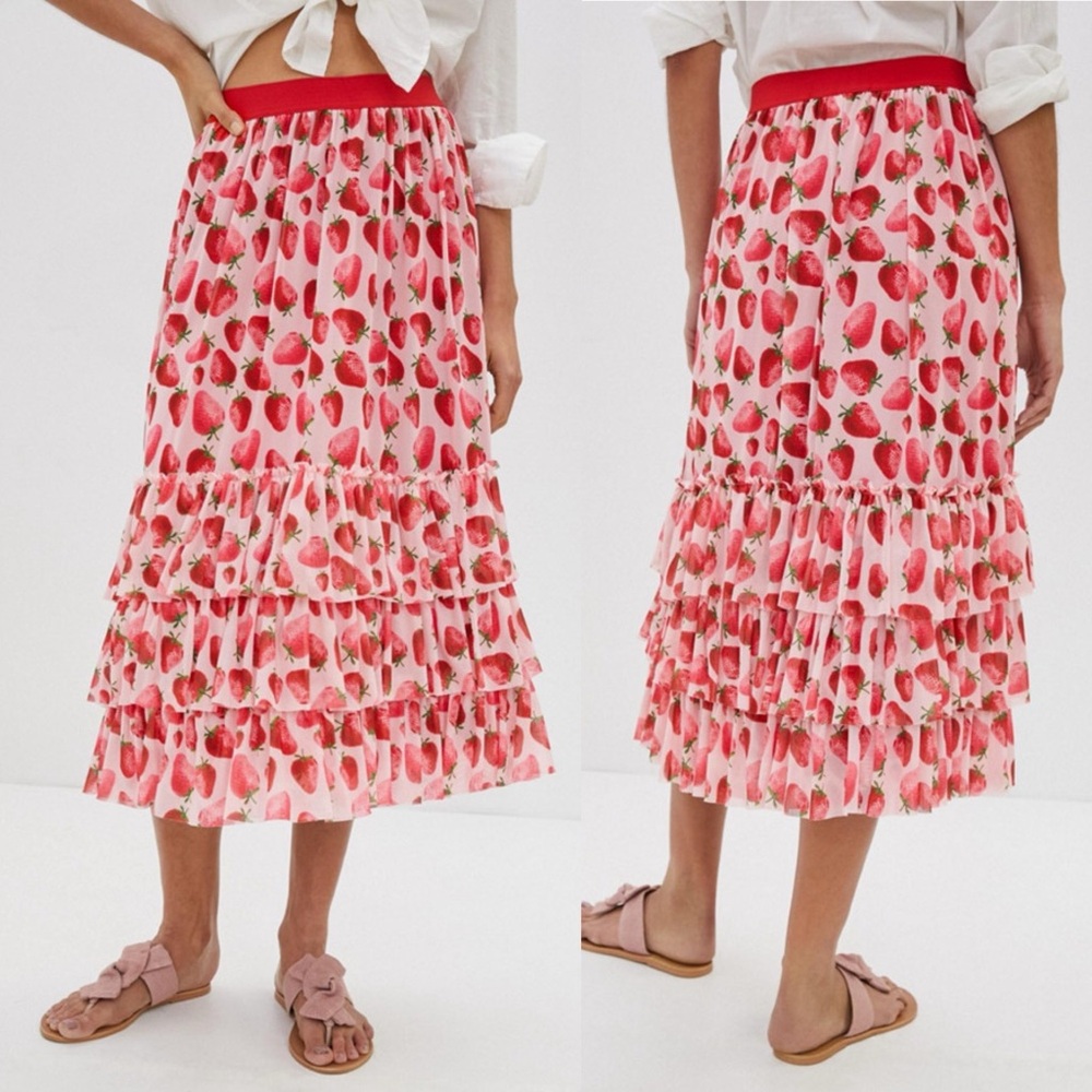 Anthropologie Eva Franco Strawberry Tiered Midi Skirt